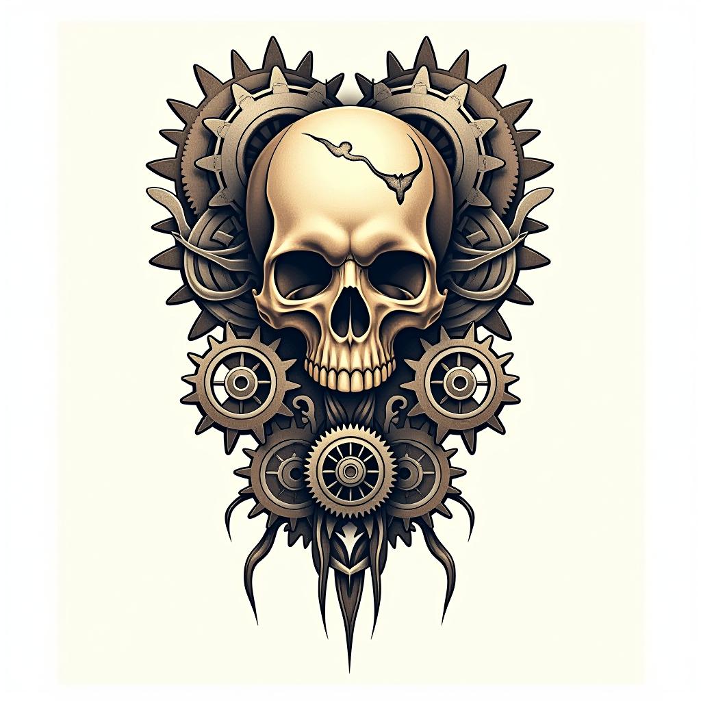  skull and gears, biomechanical tattoo styleskull and gears, biomechanical tattoo style. generate a professional tattoo illustration. the tattoo should be isolated and centered. place the tattoo in the center on a solid white background. tattoo with hyperrealistic, full body, detailed clothing, highly detailed, cinematic lighting, stunningly beautiful, intricate, sharp focus, f/1. 8, 85mm, (centered image composition), (professionally color graded), ((bright soft diffused light)), volumetric fog, trending on instagram, trending on tumblr, HDR 4K, 8K