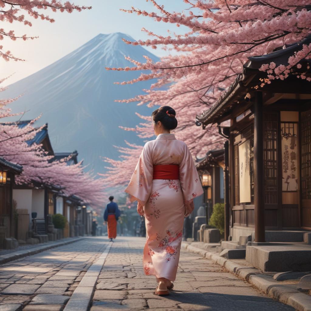 ((masterpiece)),(((best quality))), 8k, high detailed, ultra detailed,A Japanese street scene, traditional architecture, cherry blossom trees, lanterns hanging, people in kimono, (Mt. Fuji in the background) hyperrealistic, full body, detailed clothing, highly detailed, cinematic lighting, stunningly beautiful, intricate, sharp focus, f/1. 8, 85mm, (centered image composition), (professionally color graded), ((bright soft diffused light)), volumetric fog, trending on instagram, trending on tumblr, HDR 4K, 8K