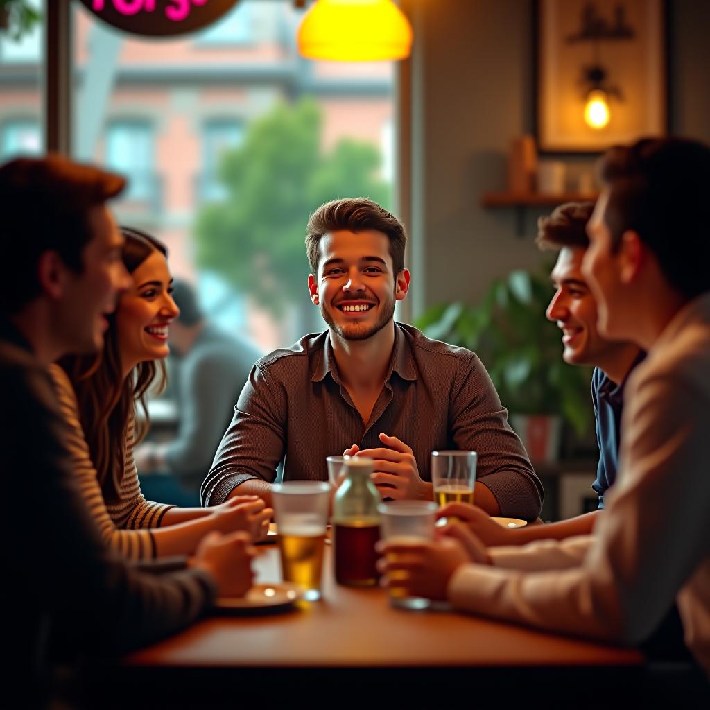  photographic, 8k, masterpiece, high quality, detailed, clear facial features, clear visible teeth, detailed eyes, max's friends sit around a table at a local café, laughing and teasing him as he forces a smile. hyperrealistic, full body, detailed clothing, highly detailed, cinematic lighting, stunningly beautiful, intricate, sharp focus, f/1. 8, 85mm, (centered image composition), (professionally color graded), ((bright soft diffused light)), volumetric fog, trending on instagram, trending on tumblr, HDR 4K, 8K