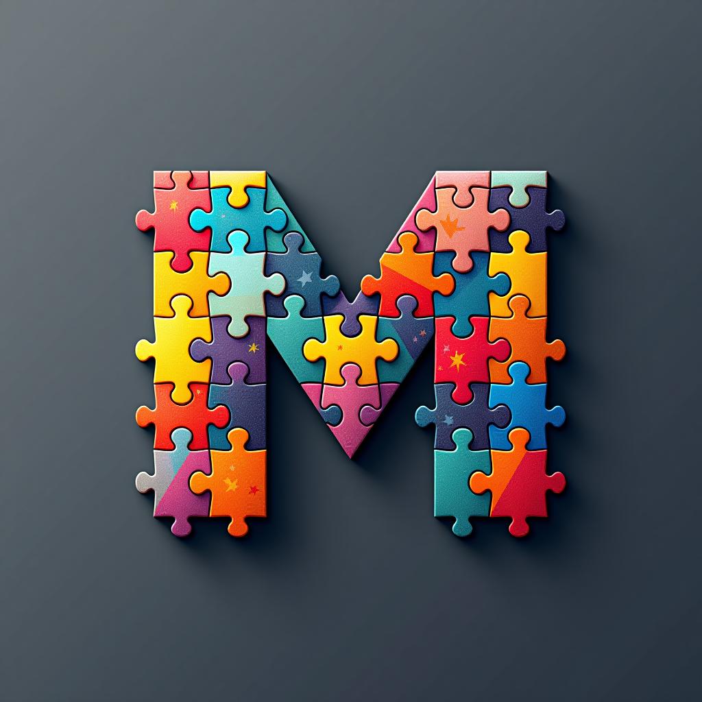  design a logo, abstract logo of letter m from colored puzzles on white background.