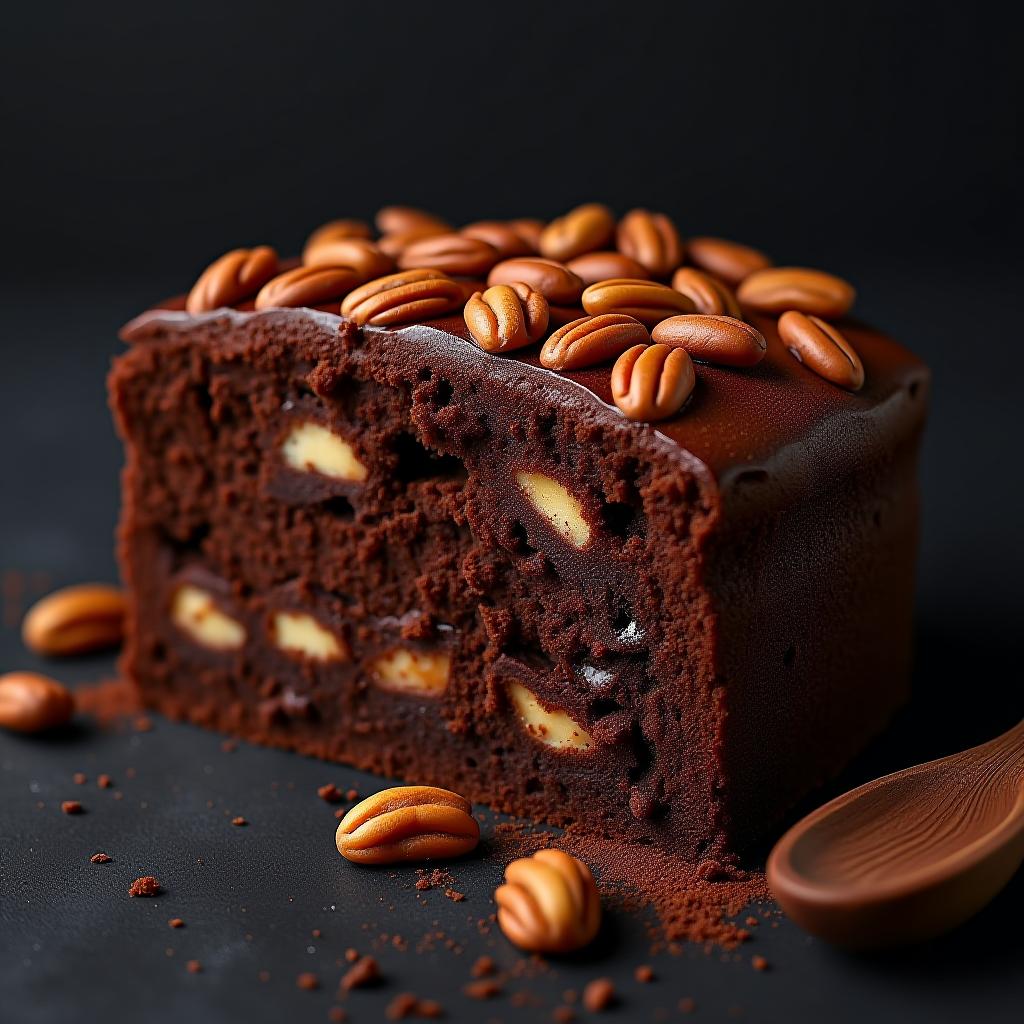  a rich chocolate cake filled with crunchy nuts, set against a dark canvas.