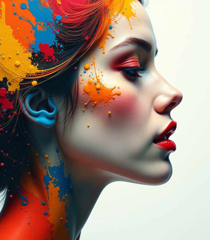  this artwork appears to blend elements of abstract expressionism with portraiture, creating a striking fusion of colors and textures (double exposure:1.2). the focal point is a highly detailed, realistic profile of a woman's face, showcasing smooth skin and finely rendered features, particularly her eye and lips, which are painted in a vibrant red. surrounding and intertwining with the face are abstract, splattered patterns of bold, dynamic colors like orange, blue, yellow, and black. these colors seem to fracture and bleed into each other, creating a sense of movement and energy. the abstract elements give the impression of the face being either formed from or breaking apart into these vibrant streaks and splatters. the background is prima