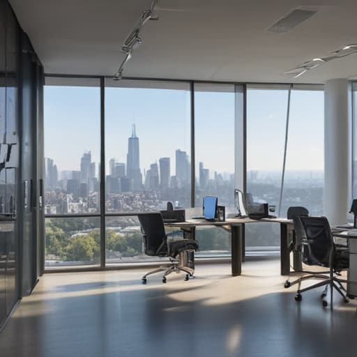 A sleek, modern office space with floor-to-ceiling windows overlooking a bustling city skyline. The room is filled with state-of-the-art technology, including AI-powered devices and monitors displaying complex algorithms and data charts. The atmosphere exudes innovation and progress, with a palpable sense of excitement for the future.