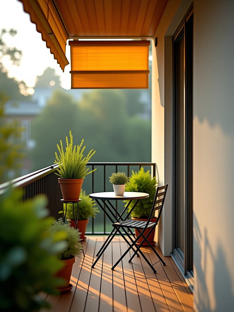  high quality portrait photo of a narrow balcony style porch with a sleek railing planter box, compact bistro set, and a rolled up bamboo shade, captured in morning light hyperrealistic, full body, detailed clothing, highly detailed, cinematic lighting, stunningly beautiful, intricate, sharp focus, f/1. 8, 85mm, (centered image composition), (professionally color graded), ((bright soft diffused light)), volumetric fog, trending on instagram, trending on tumblr, HDR 4K, 8K