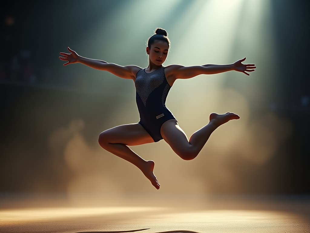  gymnast hyperrealistic, full body, detailed clothing, highly detailed, cinematic lighting, stunningly beautiful, intricate, sharp focus, f/1. 8, 85mm, (centered image composition), (professionally color graded), ((bright soft diffused light)), volumetric fog, trending on instagram, trending on tumblr, HDR 4K, 8K