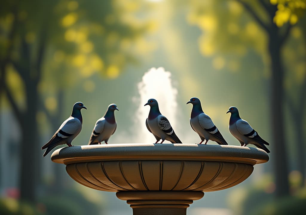  a serene urban scene featuring a group of pigeons perched on a weathered stone fountain, surrounded by lush greenery, soft sunlight filtering through leaves, and ethereal wisps of mist, symbolizing peace and spirituality. hyperrealistic, full body, detailed clothing, highly detailed, cinematic lighting, stunningly beautiful, intricate, sharp focus, f/1. 8, 85mm, (centered image composition), (professionally color graded), ((bright soft diffused light)), volumetric fog, trending on instagram, trending on tumblr, HDR 4K, 8K