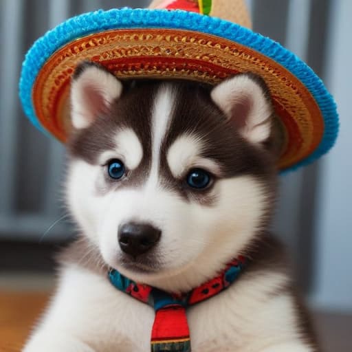 Perro huskey de 6 meses ojos azules café con blanco con sombrero mexicano