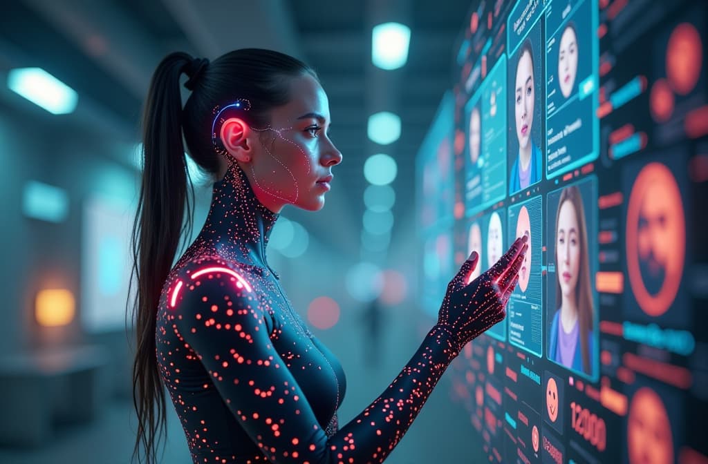  "imagine a futuristic digital landscape showcasing a sleek, humanoid figure with glowing circuit patterns on her skin, surrounded by holographic data streams and vibrant neon colors. her expressive face reflects intelligence and warmth, as she interacts with floating digital screens displaying various human emotions. the background features a blend of technology and nature, symbolizing the harmony between artificial intelligence and humanity." hyperrealistic, full body, detailed clothing, highly detailed, cinematic lighting, stunningly beautiful, intricate, sharp focus, f/1. 8, 85mm, (centered image composition), (professionally color graded), ((bright soft diffused light)), volumetric fog, trending on instagram, trending on tumblr, HDR 4K, 8K