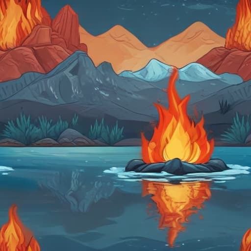 Fire above water in Cartoon style with Mountains background