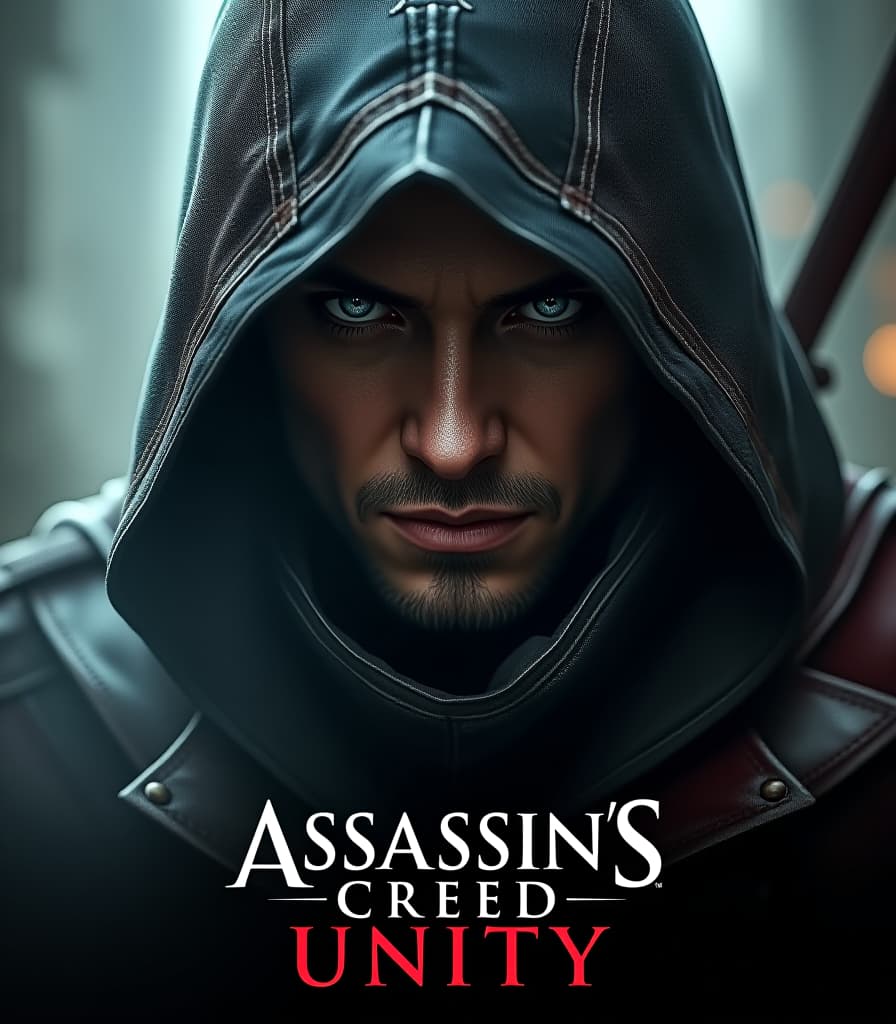  gothic style old poster, assassin's creed unity game poster, assassin in foreground, text at bottom in capital letters "assassin's creed unity", high detail, high resolution, detailed skin, detailed eyes, detailed background, cinematic, (large depth of field:1.4), hyper realism, lots of small details, perfect composition and angle. . dark, mysterious, haunting, dramatic, ornate, detailed hyperrealistic, full body, detailed clothing, highly detailed, cinematic lighting, stunningly beautiful, intricate, sharp focus, f/1. 8, 85mm, (centered image composition), (professionally color graded), ((bright soft diffused light)), volumetric fog, trending on instagram, trending on tumblr, HDR 4K, 8K