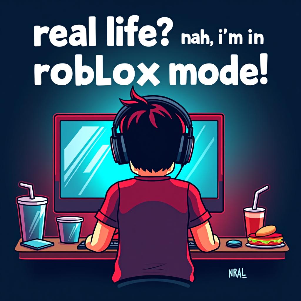  quote: "real life? nah, i'm in roblox mode!" graphic: a roblox character in front of a computer setup, wearing headphones, completely immersed in the game, snacks and drinks nearby. t shirt design