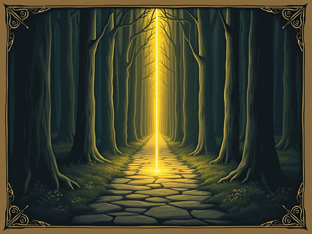  illuminated pathway, bright trail in dark forest, guardians casting light, surrounding darkness providing contrast, guiding light, clarity, safety. an illustration in the style of a worn, mystical old tarot trump card, mysterious and elements of surrealism. the colors are muted, somber and eerie, but with contrast bring out an occult and esoteric vibe.