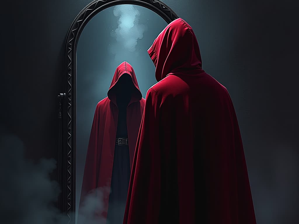  hooded figure in red velvet cloak, standing before a mirror, face obscured, ethereal glow surrounding the mirror, air of revelation. the style is digital art illustration / modern comic book / graphic dark novel fantasy and mysterious occult, symbolic, moody lighting, esoteric vibe,high detail on character design. for the color scheme emphasize blacks and reds.