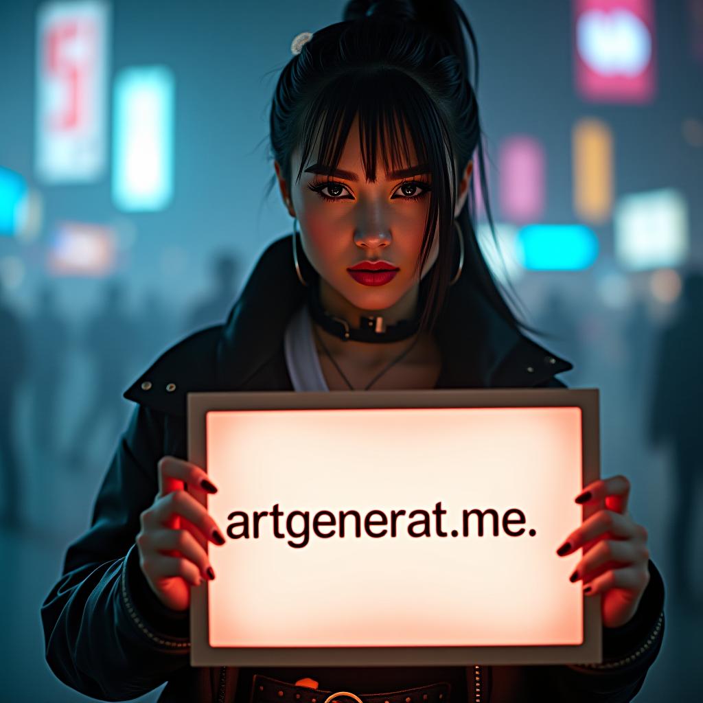  a beautiful woman in cyberpunk style holds a sign with text "artgeneration.me!" hyperrealistic, full body, detailed clothing, highly detailed, cinematic lighting, stunningly beautiful, intricate, sharp focus, f/1. 8, 85mm, (centered image composition), (professionally color graded), ((bright soft diffused light)), volumetric fog, trending on instagram, trending on tumblr, HDR 4K, 8K