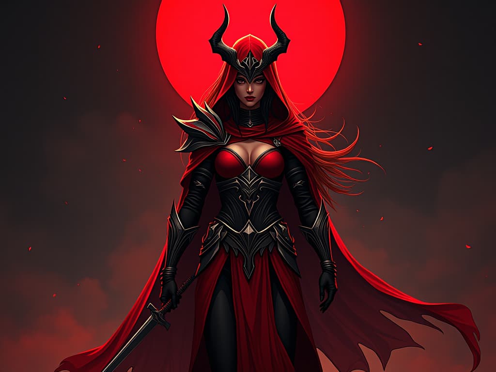  warrior queen in red regalia, standing strong, aura of inspiration and strength. the style is digital art illustration / modern comic book / graphic dark novel fantasy and mysterious occult, symbolic, moody lighting, esoteric vibe,high detail on character design. for the color scheme emphasize blacks and reds.