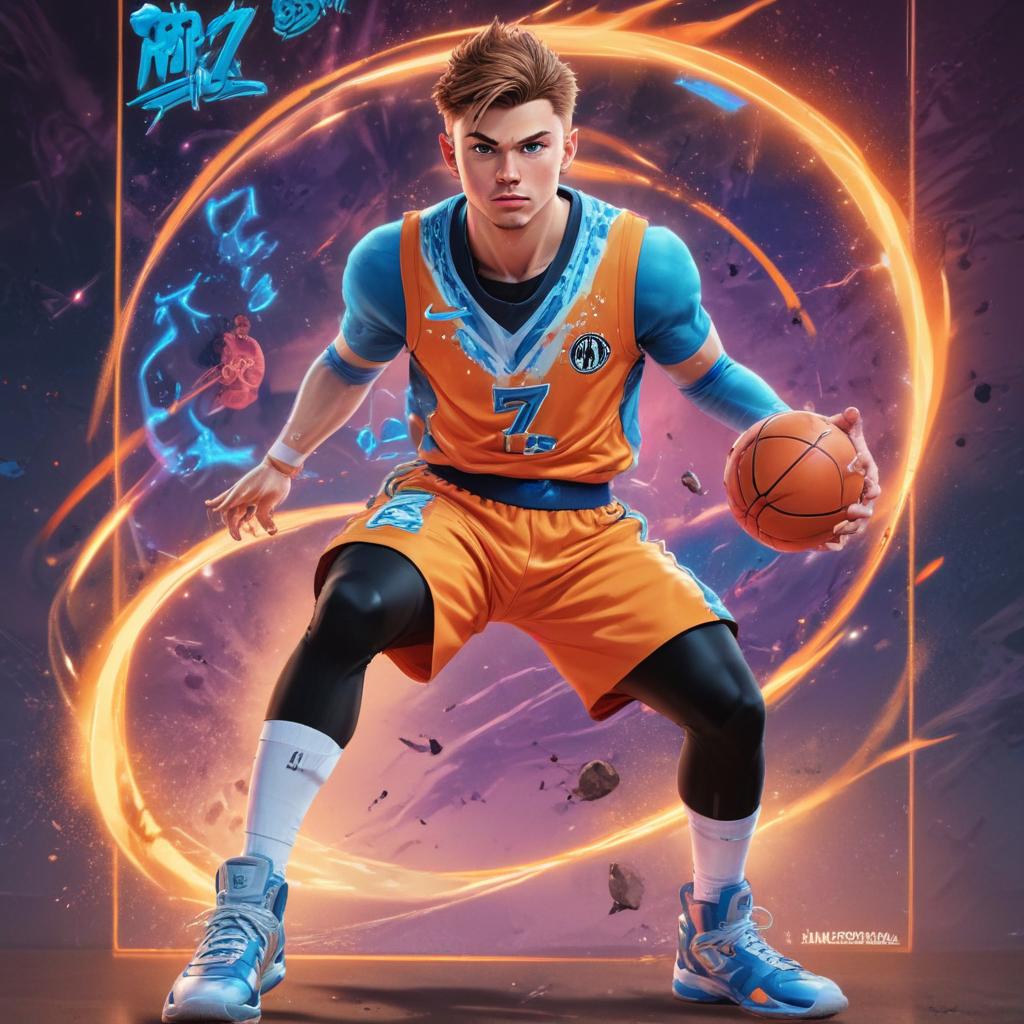 distance-shot, flashy, full-body, dynamic, holographic, animated cartoon poster of luka doncic in the style of dragon ball super