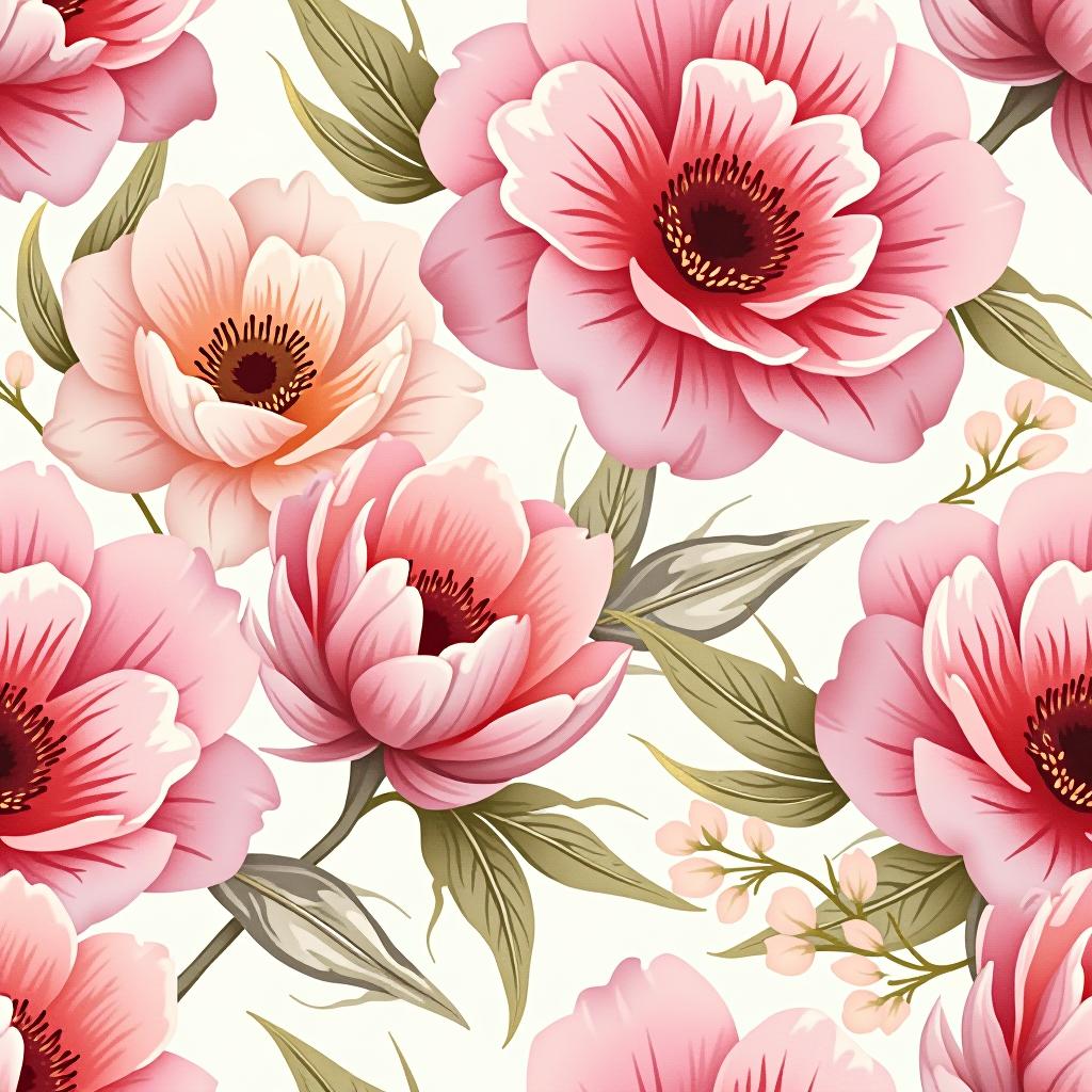  create a seamless digital design featuring a pattern of large, beautiful flowers with soft, watercolor like effects. the flowers should cover the entire surface, creating a bold, elegant, and continuous look. the overall style should be light and airy, with delicate leaves and petals to enhance the natural, floral theme. the design should be seamless to ensure it can be used in repeating patterns or wraps.