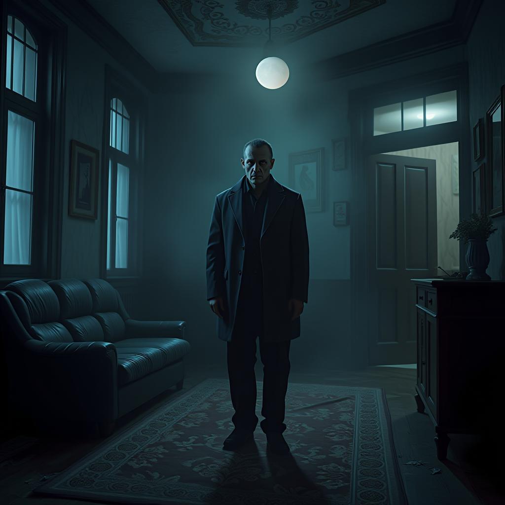  create a high quality, photorealistic image that vividly depicts the following scene: a chillingly atmospheric room dimly lit by the solitary glow of a waxing moon creeping through the window. lone figure a petrified man with ghostly paleness countenance, cold sweat trickling down, eyes enlarged by fear, uneven stubble detailing his face stands frozen, scanning the room, expecting an uncanny whisper. located in a decrepit victorian house, dishevel transformations over the walls, pulsating as if housing lurking spirits. captured with leica m10, ultra detailed, haunting cinematic lighting, eerie monochrome, iso 800, 1/125s, 12k resolution, uncropped, emphasizing directional tension, deep focus, slow shutter speed. the image shou hyperrealistic, full body, detailed clothing, highly detailed, cinematic lighting, stunningly beautiful, intricate, sharp focus, f/1. 8, 85mm, (centered image composition), (professionally color graded), ((bright soft diffused light)), volumetric fog, trending on instagram, trending on tumblr, HDR 4K, 8K