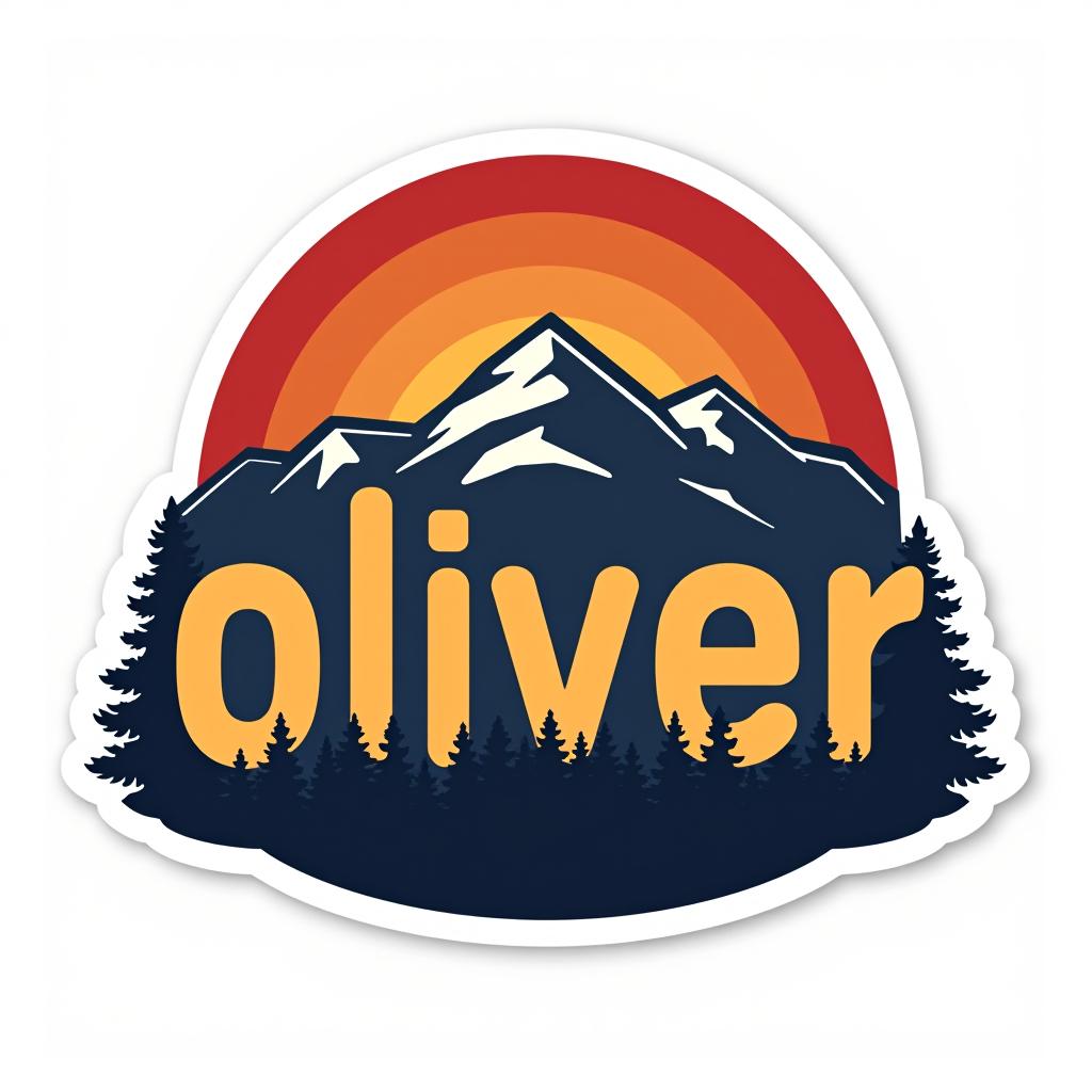  design a logo, custom sticker design on an isolated white background with the bold words ‘oliver’ with a backdrop of a mountain range, and silhouettes of pine trees at sunset