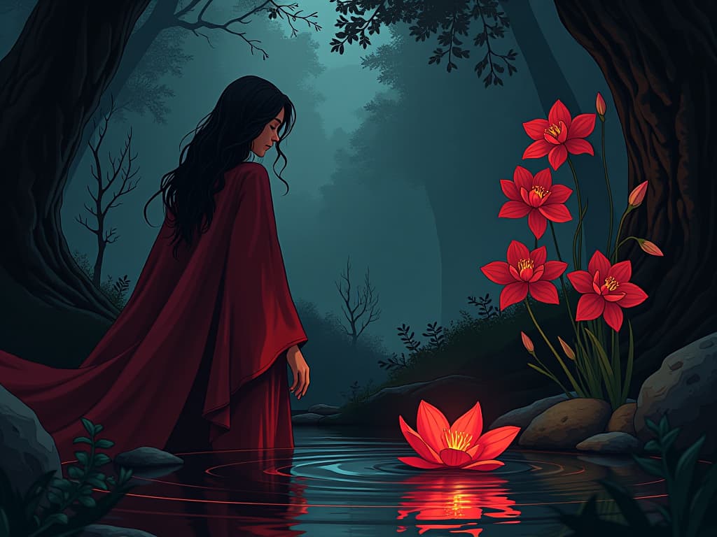  narcissus, in red robes, gazing at reflection in dark forest pool, glow of realization, underworld flowers. the style is digital art illustration / modern comic book / graphic dark novel fantasy and mysterious occult, symbolic, moody lighting, esoteric vibe,high detail on character design. for the color scheme emphasize blacks and reds.