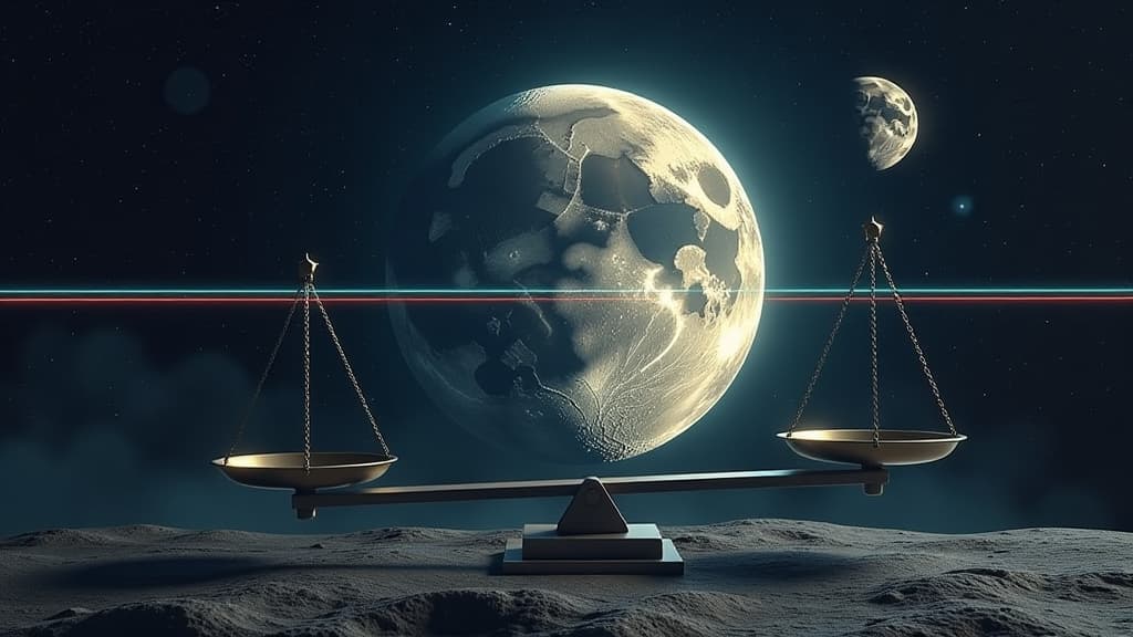  prompt: create an ultra realistic and detailed image representing the theory of relativity's equivalence principle, reaffirmed with the moon's assistance. in the center, depict a hyper detailed moon with intricate craters and shadows, symbolizing gravitational forces. surrounding it, show laser beams measuring its distance to earth, emphasizing precision and scientific advancement. include elements representing gravitational, inertial, and passive mass equality, such as a balance scale with plan