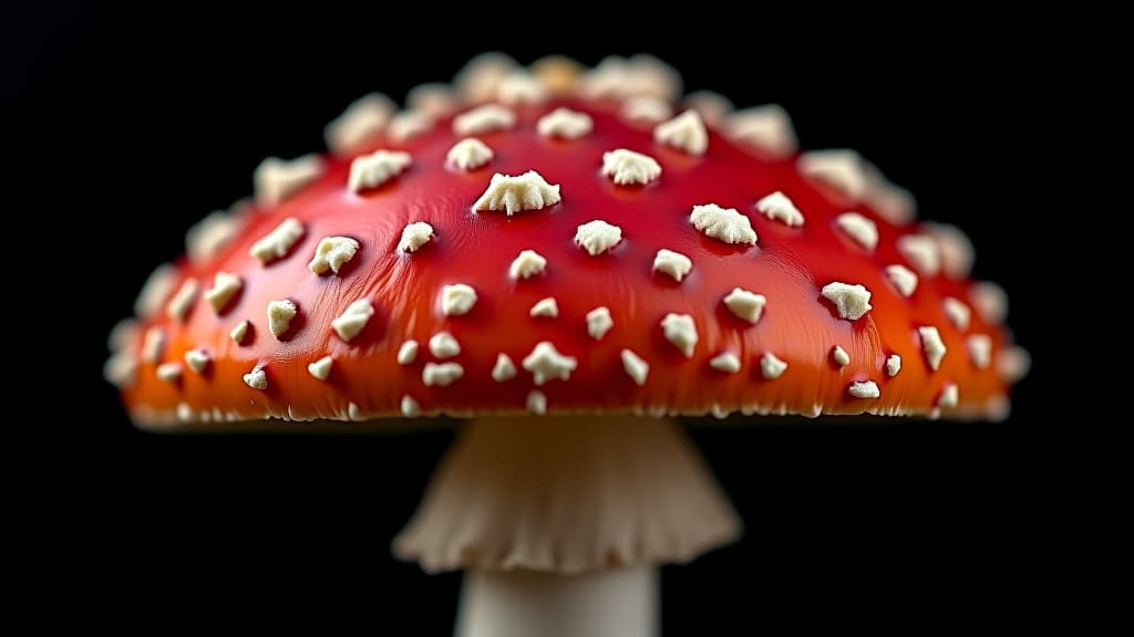  fly agaric mushroom (amanita muscaria), showing its characteristic red cap with white spots, close up, black background 4k wallpaper