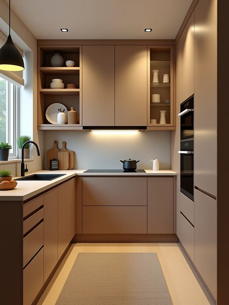  high quality portrait photo of a 3d rendered small kitchen design showcasing clever storage solutions and budget friendly finishes from various brands, with a warm, inviting atmosphere hyperrealistic, full body, detailed clothing, highly detailed, cinematic lighting, stunningly beautiful, intricate, sharp focus, f/1. 8, 85mm, (centered image composition), (professionally color graded), ((bright soft diffused light)), volumetric fog, trending on instagram, trending on tumblr, HDR 4K, 8K