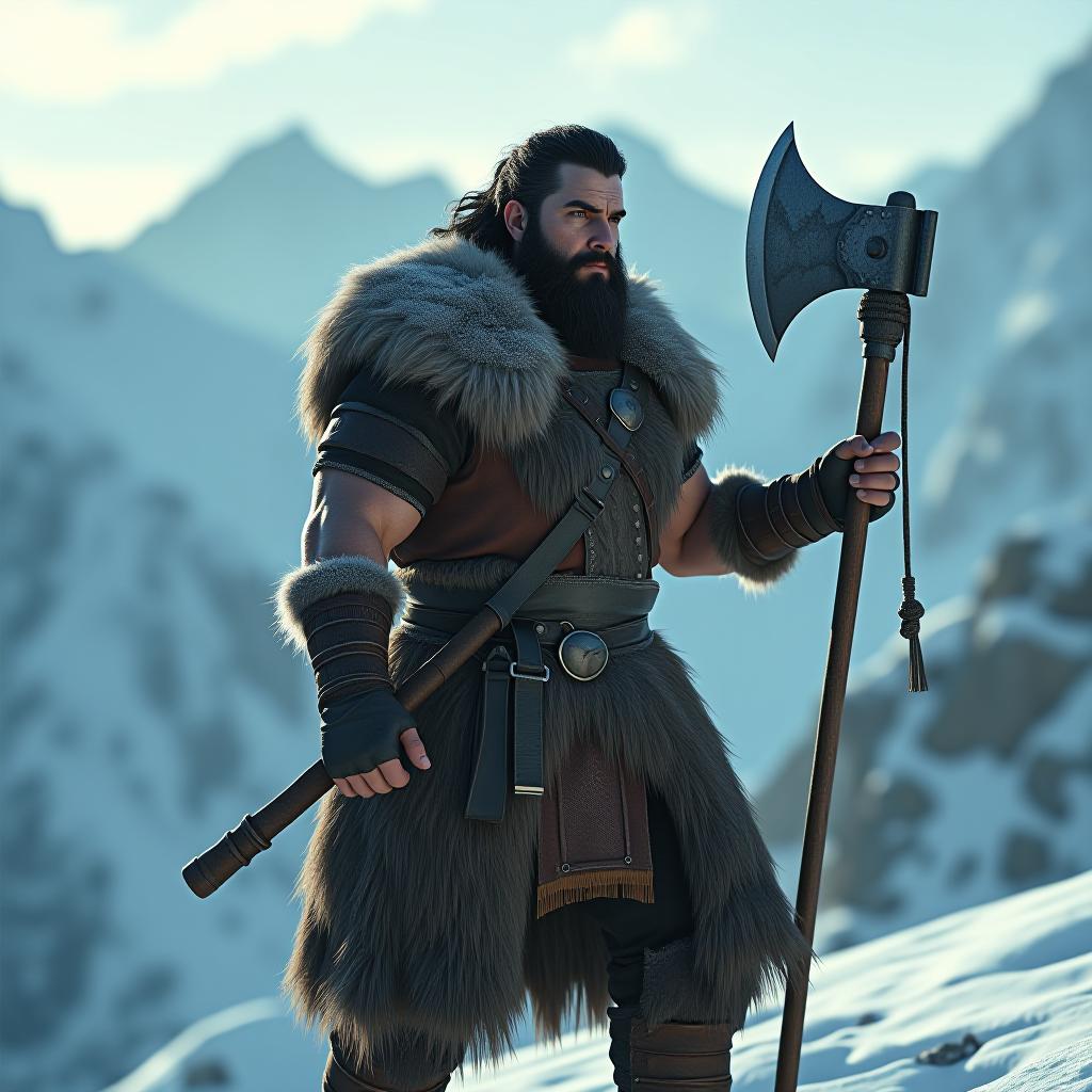  create a highly 8k realistic close up render of a dark haired, bearded male barbarian standing on a snowy mountaintop, wielding a massive spiky axe. the barbarian should have a rugged, muscular build, with his hair and beard slightly frosted from the cold. his fur lined armor should be detailed, no armor worn on upper body,with visible textures of worn leather and metal, appropriate for a warrior in harsh, icy conditions. the scene should be styled as if filmed in the 1950s with super panavision 70, featuring a widescreen aspect ratio, deep contrasts, and dramatic, cinematic lighting. the snowy landscape should be vast and majestic, with towering, jagged peaks and swirling snow, evoking an epic, larger than life atmosphere. add a subtle vin