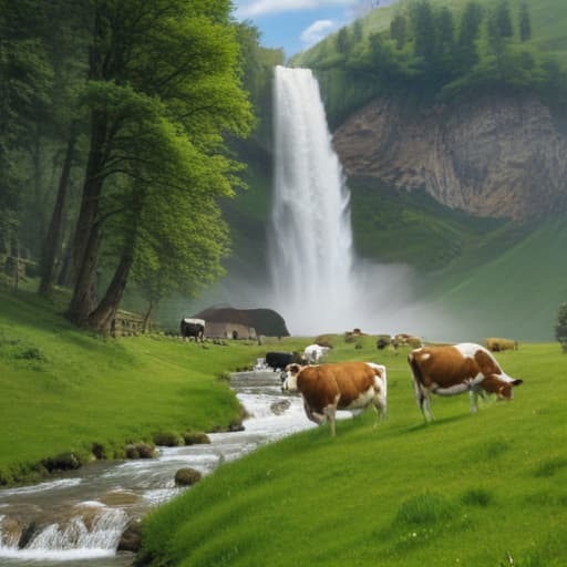 my dream house is a mountain waterfall, green meadows, forest, cows grazing