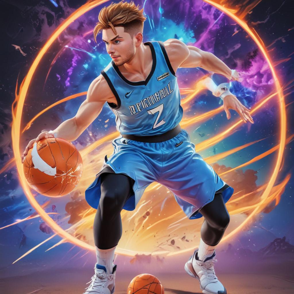 distance-shot, flashy, full-body, dynamic, holographic, animated cartoon poster of luka doncic in the style of dragon ball super