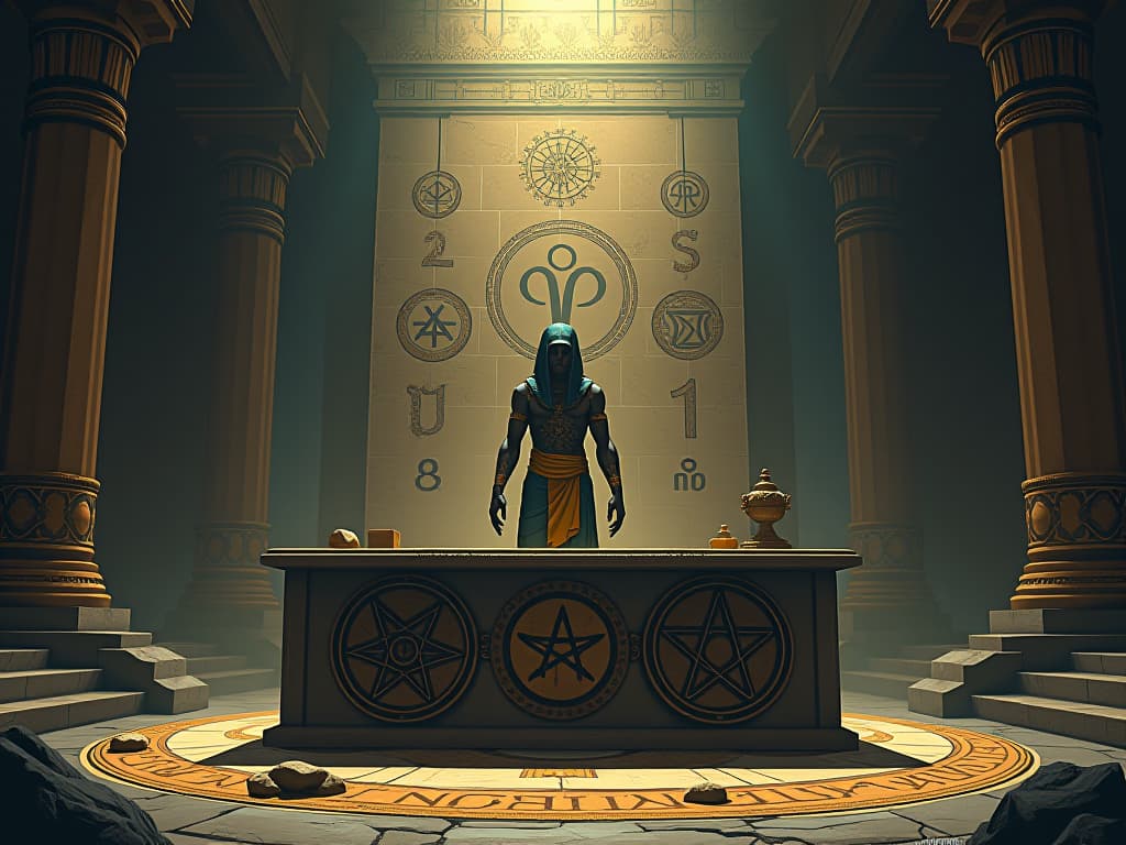  a stone altar covered in cryptic symbols and ancient runes, soft mystical light, sacred and enigmatic setting. the style is digital art illustration / modern comic book / mysterious occult, symbolic, esoteric vibe,high detail on character design, incorporating ancient egyptian symbology and attire.