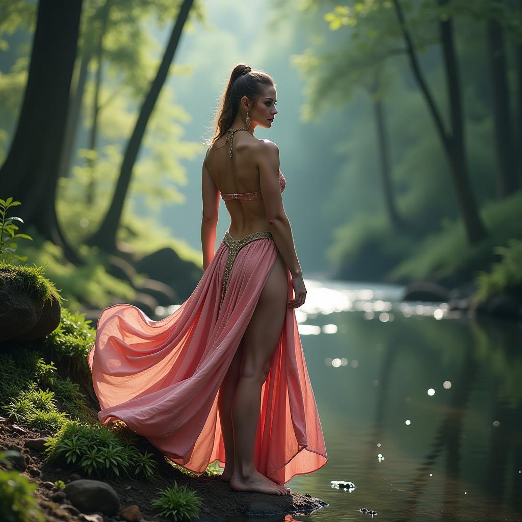  beautiful muscular girl bodybuilder in a beautiful fantasy dress stands near a beautiful river in the forest, the photo is realistic, natural, professional, super high quality, cinematic, fiction, fantasy