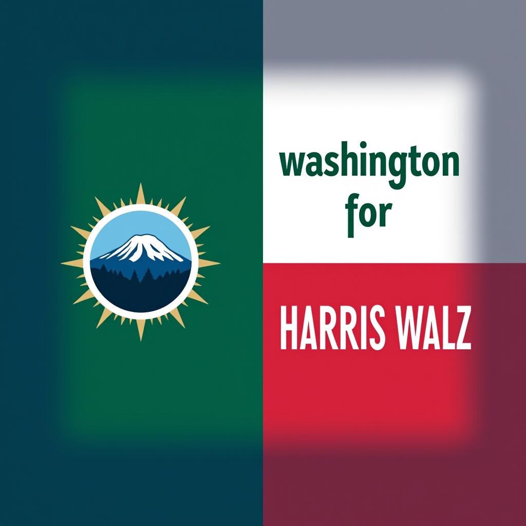  a design inspired by the washington state flag. the left side features a green vertical stripe with mt. rainer in the center. the right side is divided into two horizontal sections: the top section is white with the text 'washington for' in bold, green, uppercase letters, and the bottom section is red with the text 'harris walz' in bold, white, uppercase letters. the overall layout is clean and straightforward, with a clear and patriotic color scheme of blue, white, and red.