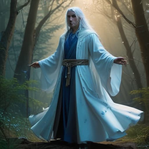 In a mystical forest under a blanket of twinkling stars, a majestic blue-eyed white wizard stands tall. His flowing robes shimmer with ethereal light, swirling around him like a protective barrier. His piercing blue eyes glow with ancient wisdom and power, casting a spell of enchantment. Wisps of dark magic dance around him, blending with the shadows of the night. The air crackles with energy as he raises his staff, ready to unleash his dark power upon any who dare to challenge him. fantastical creatures or characters inspired by mythology, folklore, or popular culture. use vibrant colors, sharp lines, intricate details, dynamic poses, dramatic lighting, atmospheric backgrounds, and blend anime, manga, and Western comic influences.