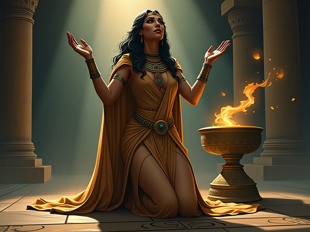  a large busted priestess in a flowing, tight gown, kneeling before an ancient altar with an offering bowl, hands extended upwards, a warm light surrounding her, symbolizing empathy and guidance.. the style is digital art illustration / modern comic book / mysterious occult, symbolic, esoteric vibe,high detail on character design, incorporating ancient egyptian symbology and attire.