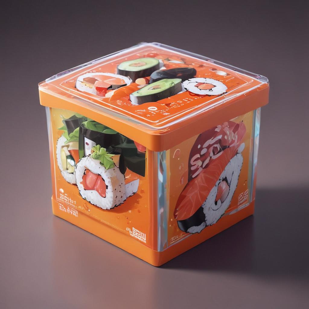 distance-shot, flashy, full-body, dynamic, holographic, animated cartoon poster of a take-out box of sushi in the style of dragon ball super