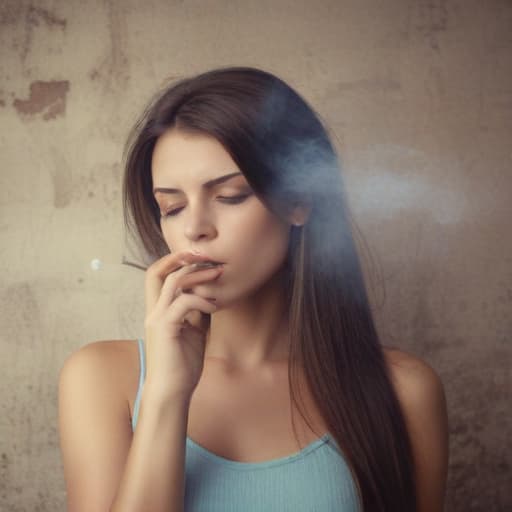 Beautiful woman with straight hair smoking cigarette and blowing the smoke, brunette in Cartoon style with Old Wall background