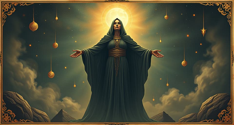  a cosmic being surrounded by floating elements, a sphere of control, commanding presence, alignment with creation. an illustration in the style of a worn, mystical old tarot trump card, mysterious and elements of surrealism. the colors are muted, somber and eerie, but with contrast bring out an occult and esoteric vibe.