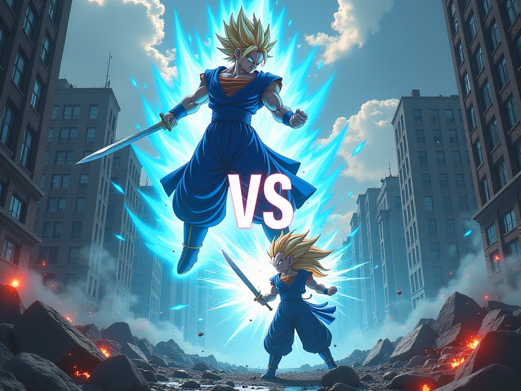  prompt: the image depicts a fierce battle between trunks and zamasu. the top half features trunks in his super saiyan form, sword drawn and surrounded by a blue aura, standing in a devastated cityscape with buildings crumbling around him. the bottom half shows zamasu, with a sinister smile and his staff in hand, amidst a swirling vortex of energy. the word "vs" is boldly displayed in the center, emphasizing their epic confrontation. hyperrealistic, full body, detailed clothing, highly detailed, cinematic lighting, stunningly beautiful, intricate, sharp focus, f/1. 8, 85mm, (centered image composition), (professionally color graded), ((bright soft diffused light)), volumetric fog, trending on instagram, trending on tumblr, HDR 4K, 8K