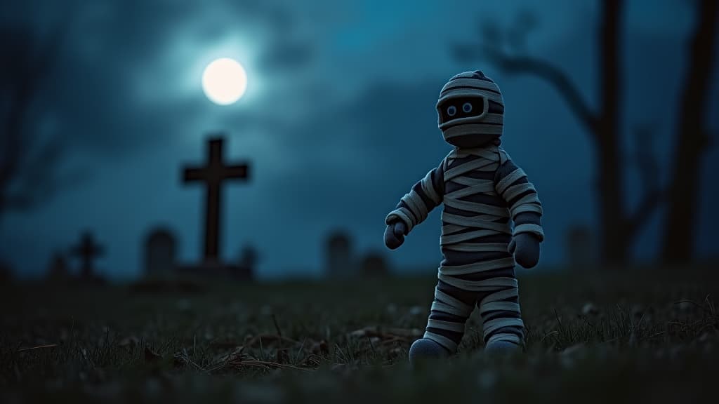  mummy puppet beside wooden cross in a moonlit cemetery