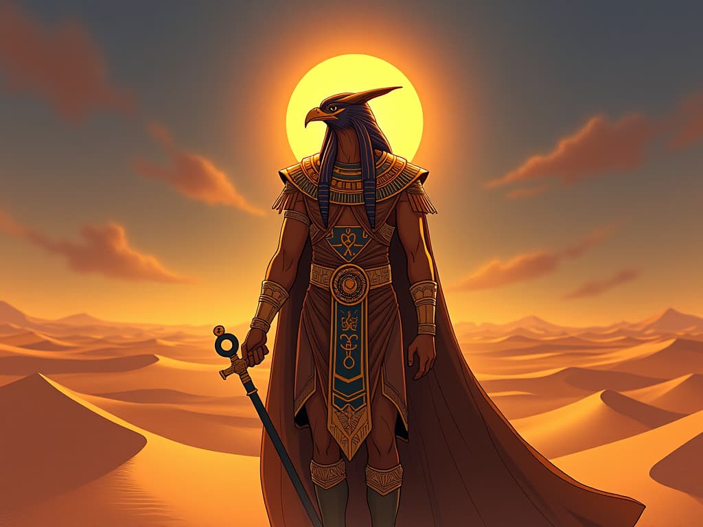  horus, the falcon headed god, standing in golden armor, holding a radiant ankh, surrounded by an aura of light, in the desert at dawn, sand dunes stretching into the distance.. the style is digital art illustration / modern comic book / mysterious occult, symbolic, esoteric vibe,high detail on character design, incorporating ancient egyptian symbology and attire.