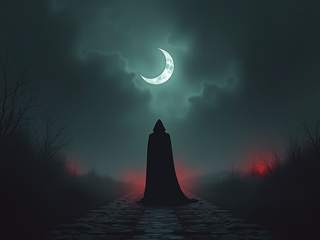  penitent at a crossroad under a crescent moon, dark landscape, eerie mist. the style is dark fantasy and mysterious occult, symbolic, moody lighting, esoteric vibe,high detail on character design. for the color scheme emphasize blacks and reds.