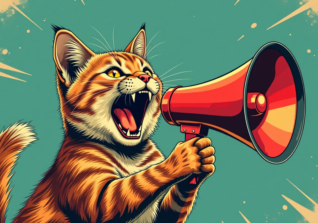  playful graphic art of a cat shouting into a megaphone, styled with vintage textures and bold pop art colors. stylish modern loudspeaker announcing crazy promotions.