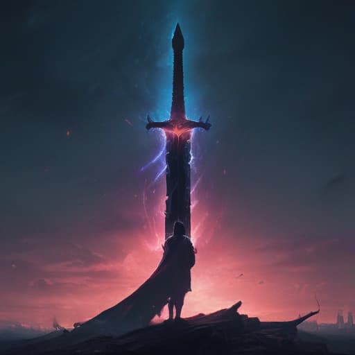 In a futuristic cityscape, a majestic sword made of shining light stands tall in the center, surrounded by a dark aura. The sword emits a powerful aura that envelops the area, creating a protective barrier. The sky is filled with glowing particles that illuminate the scene, giving it an ethereal and mystical atmosphere. The ground beneath the sword is cracked and crumbling, symbolizing the strength of its power. In the distance, the silhouette of a figure can be seen approaching, ready to face the challenge of this formidable sword. fantastical creatures or characters inspired by mythology, folklore, or popular culture. use vibrant colors, sharp lines, intricate details, dynamic poses, dramatic lighting, atmospheric backgrounds, and blend a