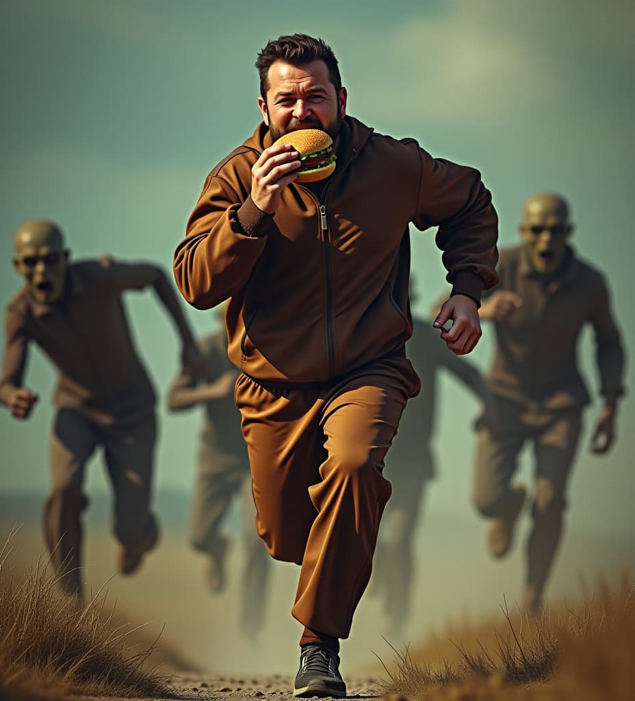  man wearing brown track suit eating a burger running from zombies