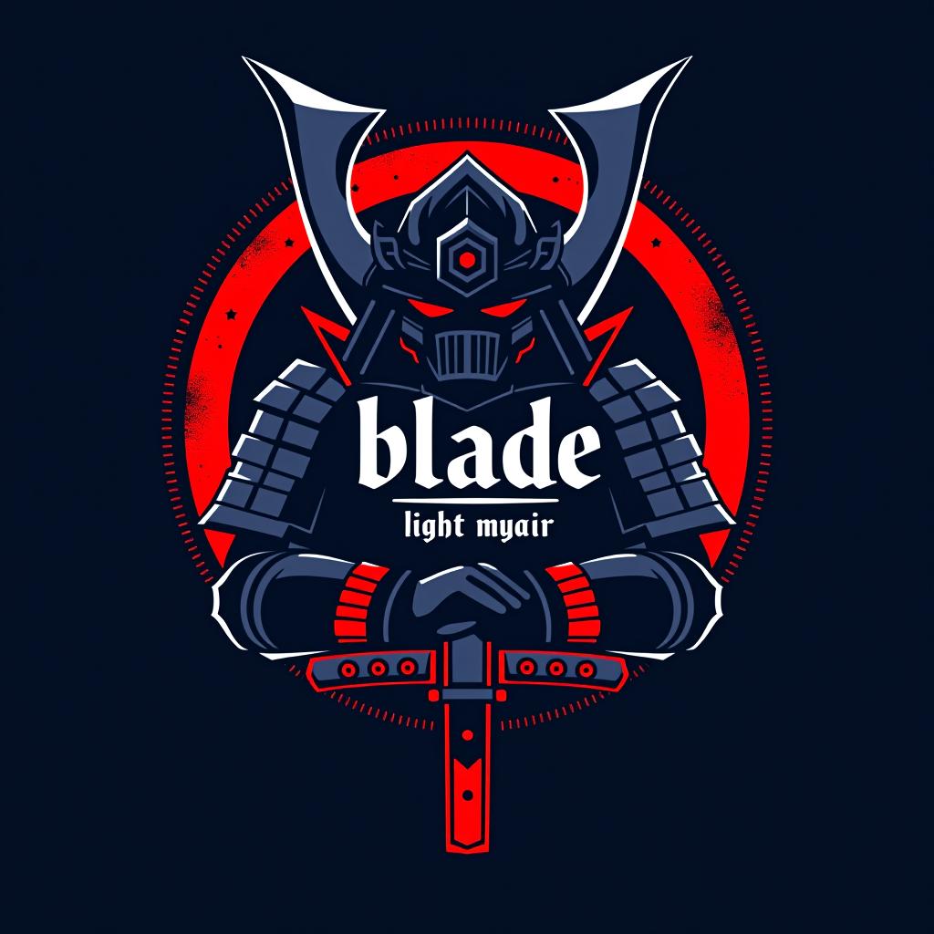  design a logo, emblem logo, with the written text ‘blade’, samurai theme, red and blue.