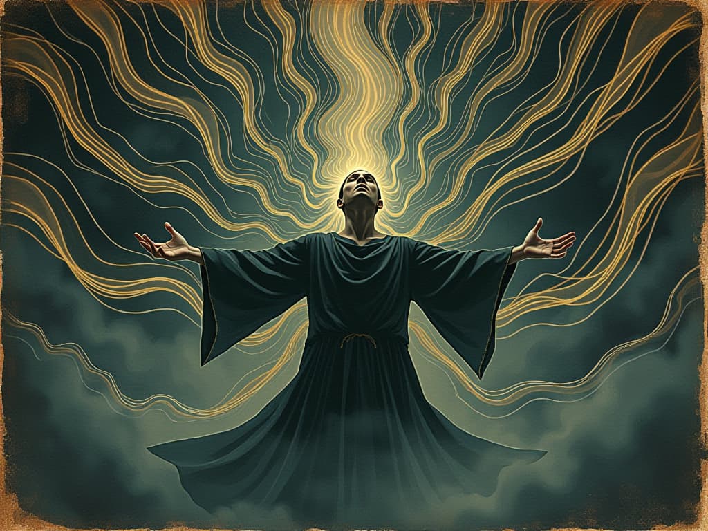  a figure surrounded by a cascade of sensory elements, visual waves, sound waves visualized as curving ribbons of light, textures as glowing pulses, figure male, arms extended, ecstatic, immersive. an illustration in the style of a worn, mystical old tarot trump card, mysterious and elements of surrealism. the colors are muted, somber and eerie, but with contrast bring out an occult and esoteric vibe.