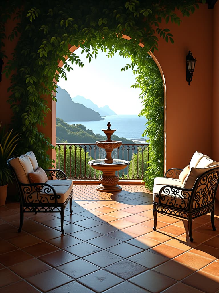  high quality portrait photo of a luxurious mediterranean style patio with terracotta tiles, wrought iron furniture, and a cascading fountain, framed by lush greenery and overlooking a scenic coastal view hyperrealistic, full body, detailed clothing, highly detailed, cinematic lighting, stunningly beautiful, intricate, sharp focus, f/1. 8, 85mm, (centered image composition), (professionally color graded), ((bright soft diffused light)), volumetric fog, trending on instagram, trending on tumblr, HDR 4K, 8K