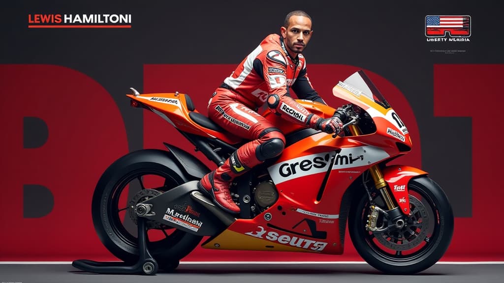  create an ultra realistic image showcasing lewis hamilton as a team owner in motogp. feature hamilton in a sleek racing suit, standing confidently next to a customized motorcycle with the gresini team logo prominently displayed. include subtle nods to formula 1 and liberty media through logos subtly integrated into the background. capture the excitement and determination in hamilton's eyes, surrounded by a dynamic mix of colors symbolizing the merging worlds of formula 1 and motogp. ensure the c