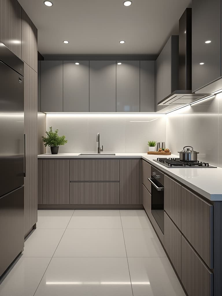  high quality portrait photo of a modern kitchen interior featuring sleek, large format porcelain tiles in a light gray color, reflecting the gleam of stainless steel appliances hyperrealistic, full body, detailed clothing, highly detailed, cinematic lighting, stunningly beautiful, intricate, sharp focus, f/1. 8, 85mm, (centered image composition), (professionally color graded), ((bright soft diffused light)), volumetric fog, trending on instagram, trending on tumblr, HDR 4K, 8K